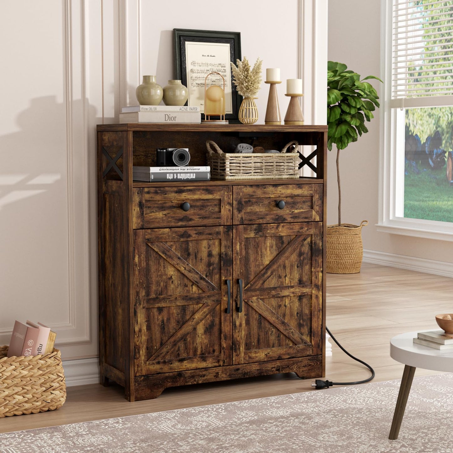 31.5" Rustic Brown Storage Cabinet with Doors and Drawers, Farmhouse Sideboard Buffet Cabinet with Storage, Kitchen Pantry Hutch Cabinet, Coffee Bar Station Table for Kitchen, Livingroom, Dining Room