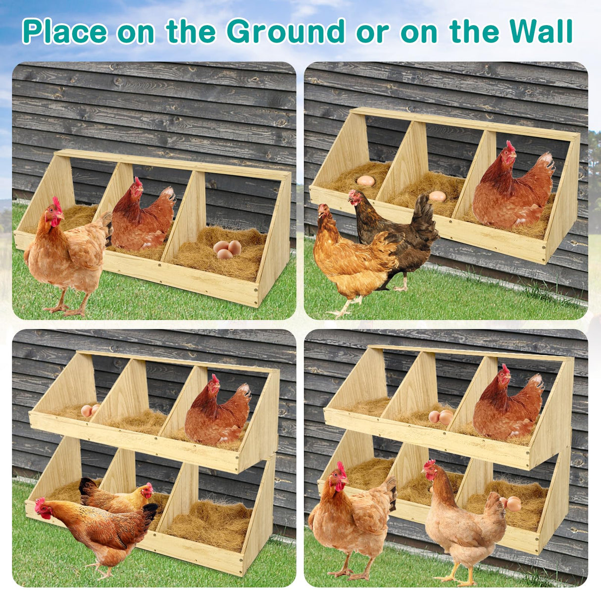 Chicken Nesting Boxes, 3 Compartment Wooden Chicken Laying Boxes, Nesting Boxes for Chickens, Hens, Ducks, Poultry Nest Box for Laying Eggs, (Includes 3 Fake Eggs, 3 Nest Box Pads) Nalwort