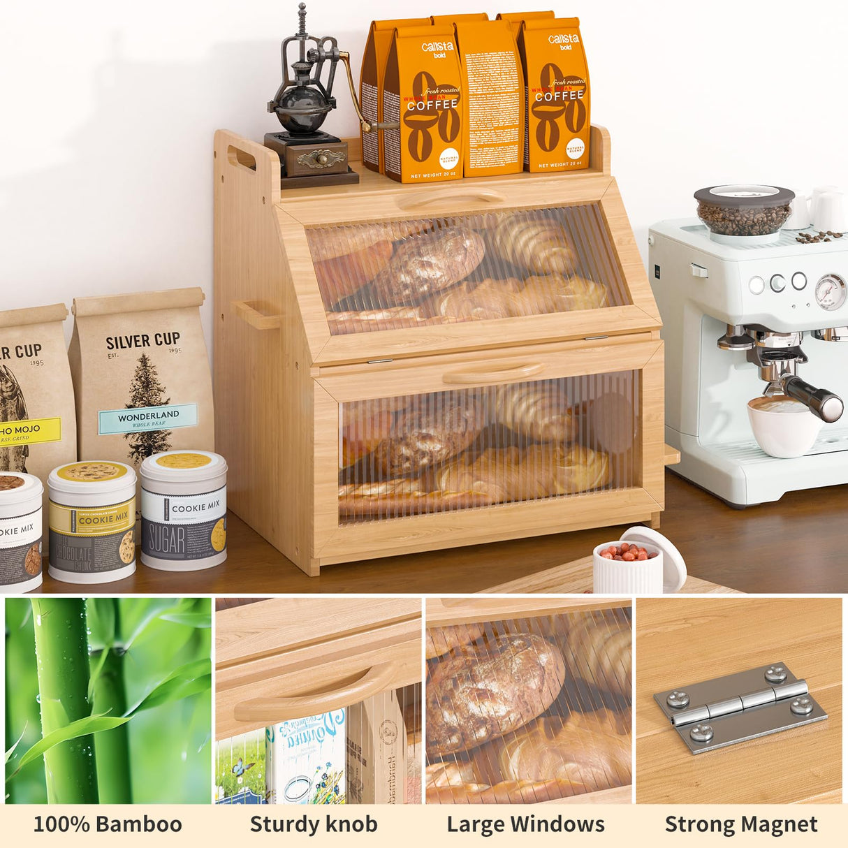 Bread Box, Bread Box for Kitchen Countertop, Large Bread Storage Container for Homemade Bread, Wooden Farmhouse Breadbox Organizers, Double Layer Bread Bin with Acrylic Window Bread Holder,Brown TQQDCI