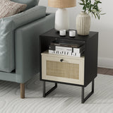 Masupu Boho Night Stand, Small Rattan Side Table, Wood Nightstand with Drawer and White Oak Shelf, Bedside Table, End Table for Bedroom,Living Room,Office (Black Frame) Masupu