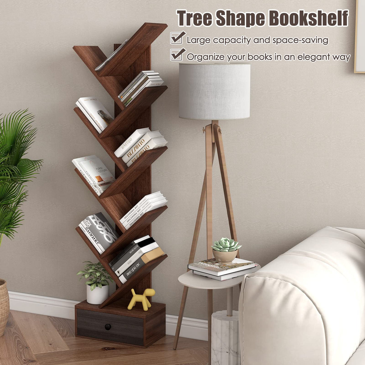 Tangkula 10 Tier Tree Bookshelf with Drawer, Rustic 10 Shelf Space Saving Corner Bookcase, Retro Wooden Organizer Shelves for Books/CDs/Movies, Display Shelf for Home Office (Brown, 10 Tier) Tangkula