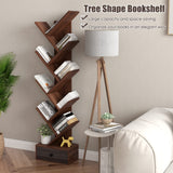 Tangkula 10 Tier Tree Bookshelf with Drawer, Rustic 10 Shelf Space Saving Corner Bookcase, Retro Wooden Organizer Shelves for Books/CDs/Movies, Display Shelf for Home Office (Brown, 10 Tier) Tangkula