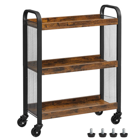 VASAGLE 3-Tier Narrow Storage Cart, Rolling Cart with Wheels, Steel Frame, Slim Storage Cart for Kitchen, Dining Room, Laundry Room, Adjustable Feet Included, Industrial Style, Rustic Brown and Black VASAGLE
