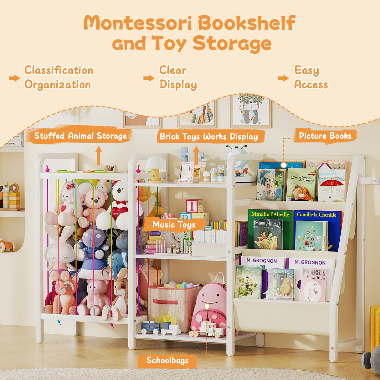 CYXPHION B1 Kids Bookshelf and Toy Storage, 3-Tier Book Shelf for Kids Rooms, Sling Baby Bookcase with Stuffed Animal Storage, Montessori Toddler Bookshelf for Nursery, Bedroom, Playroom, White CYXPHION
