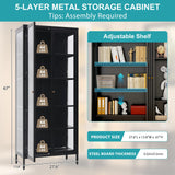 Desirable Life 5 Tier Glass Display Cabinet with 12 Color LED Lights, 67" Lighted Curio Cabinet with Glass Doors & Adjustable Shelves, Tall Metal Glass Display Case for Collectibles - Black Desirable Life