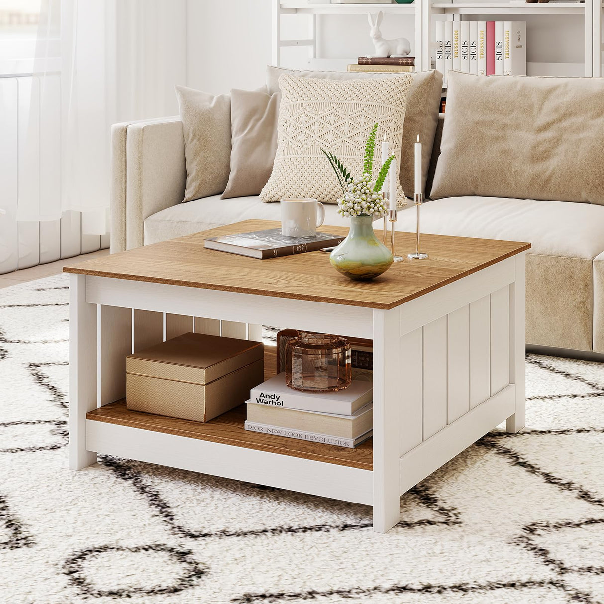 Giantex Farmhouse Coffee Table, 2-Tier Square Center Table for Living Room with Fence Design & Open Storage Shelf, Wood Living Room Tables for Small Spaces, Apartment, Natural & White Giantex