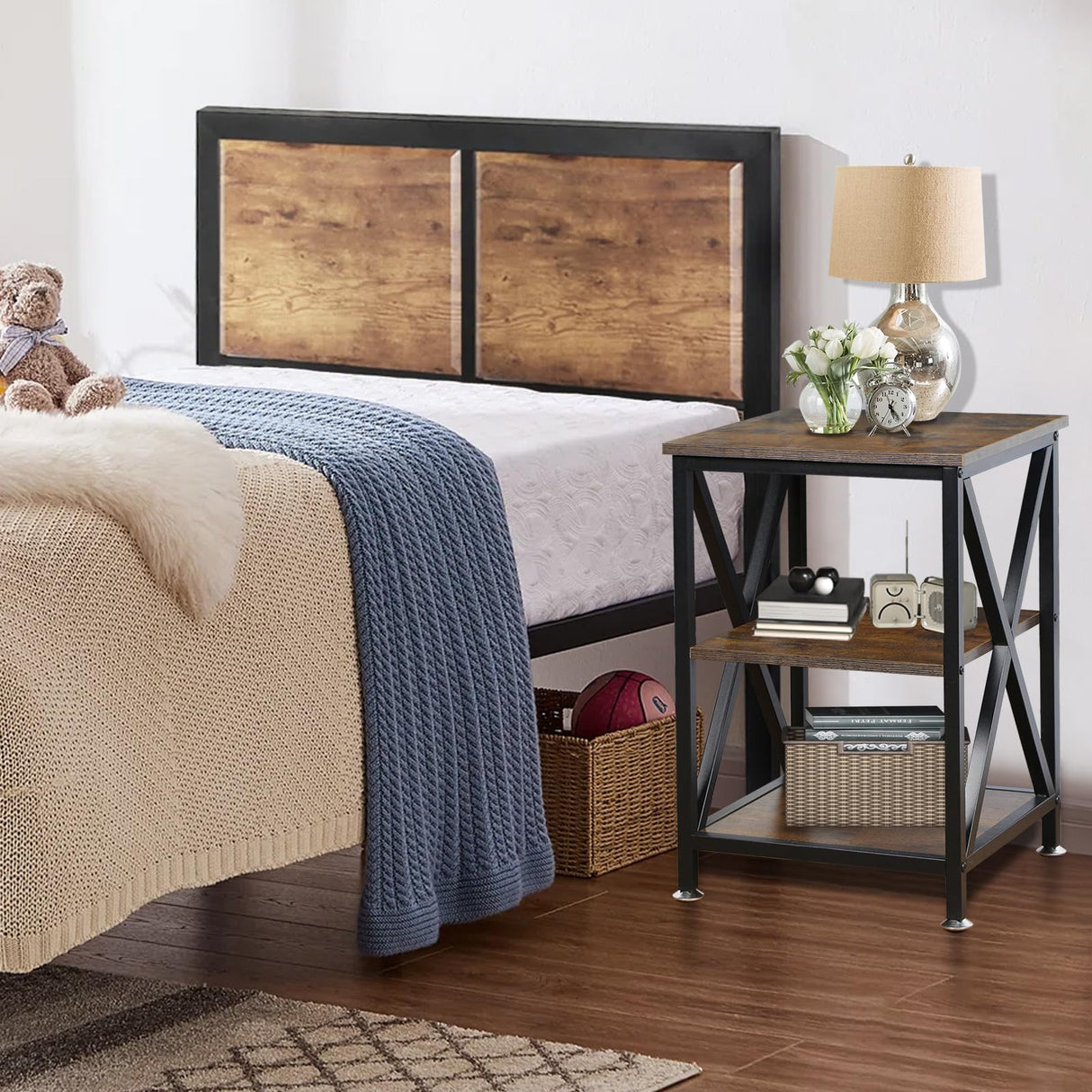 End Tables Living Room Set of 2, 16" D x 16" W x 24" H, Indoor End Tables Living Room with Storage Shelf, Square End Table Set of 2, X-Shaped Night Stands for Bedroom, Farmhouse Wood Side Tables TooCust