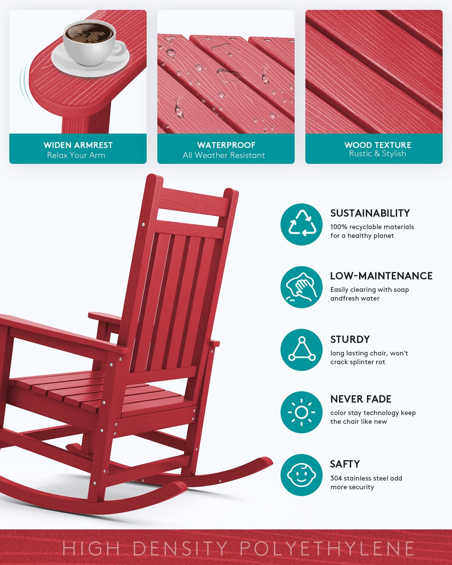 SERWALL Oversized Rocking Chair, Outdoor Rocking Chair Set for Adults, All Weather Resistant Porch Rocker for Lawn Garden, Red - WoodArtSupply