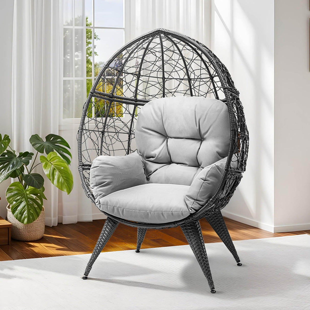 DWVO Oversized Egg Chair with Stand Rattan Outdoor Chairs, Large Lounger Chair with Cushion, Adjustable Leveling Feet, Egg Chair Indoor for Bedroom, Living Room, Outdoor Backyard, Patio, Garden, Grey DWVO