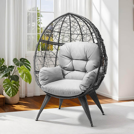 DWVO Oversized Egg Chair with Stand Rattan Outdoor Chairs, Large Lounger Chair with Cushion, Adjustable Leveling Feet, Egg Chair Indoor for Bedroom, Living Room, Outdoor Backyard, Patio, Garden, Grey DWVO