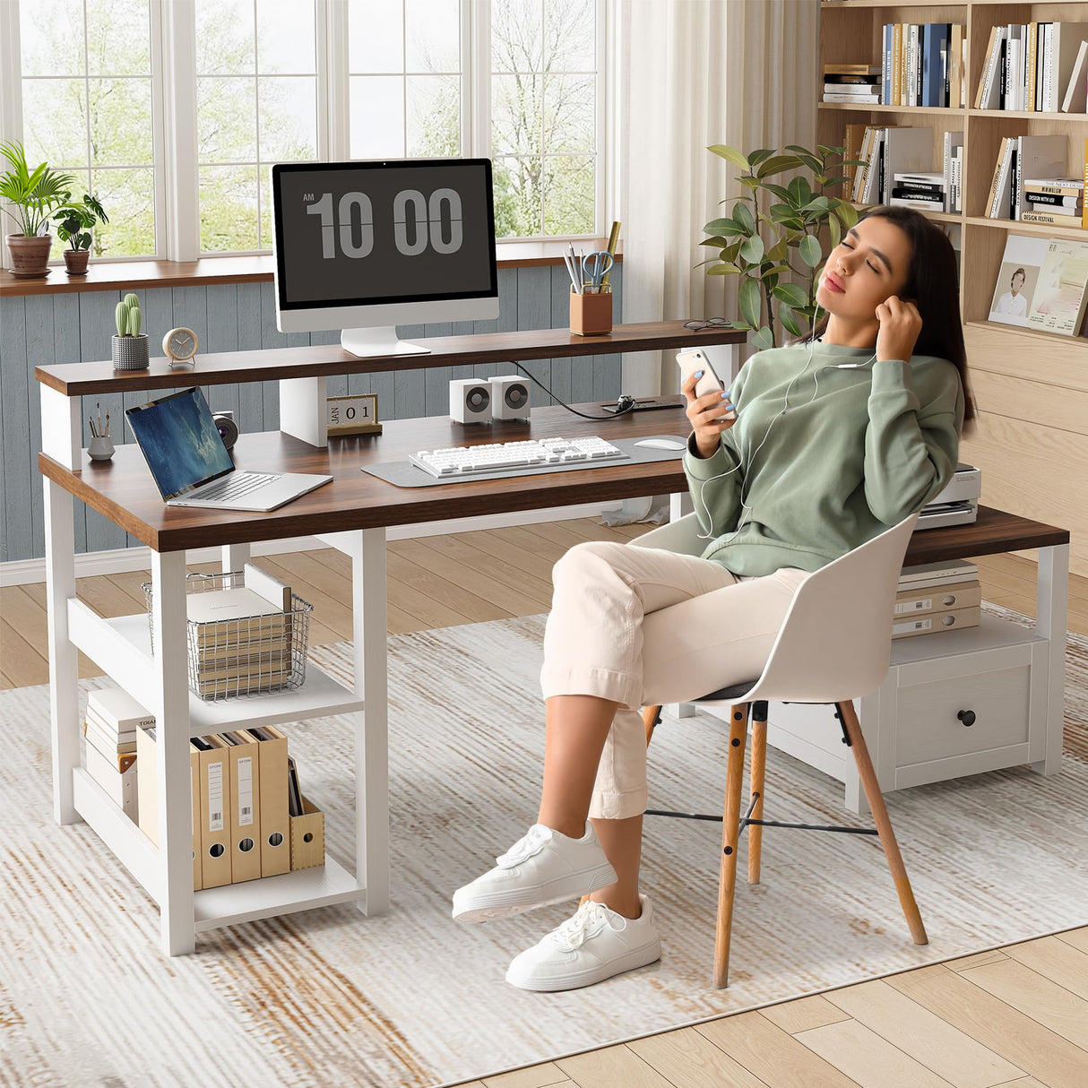 EnHomee 63" Farmhouse Style Computer Desk with Drawers and LED Lights, Storage Shelves and Power Outlets, Home Office Desks with Long Monitor Stand for Work, Study, Writing, Antique White. EnHomee