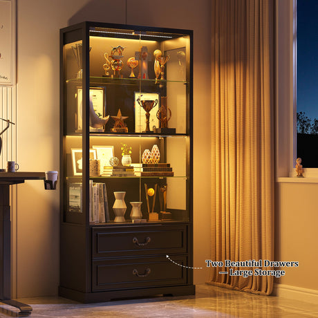 TAGELIER 67" Tall Display Cabinet with Glass Doors and 2 Drawers, Adjustable Glass Height,Curio Cabinet with 3 LED Lights and Human Body Sensor (Black) TAGELIER