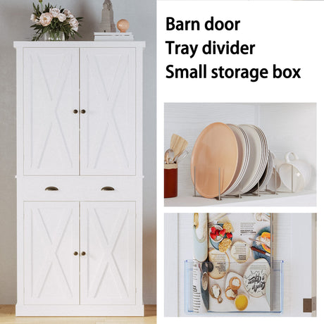 IRONCK Kitchen Pantry Storage Cabinet 72" Height, with Barn Doors, Drawer, 4 Adjustable Shelves, Freestanding Cupboard for Dining Room Living Room, IRONCK