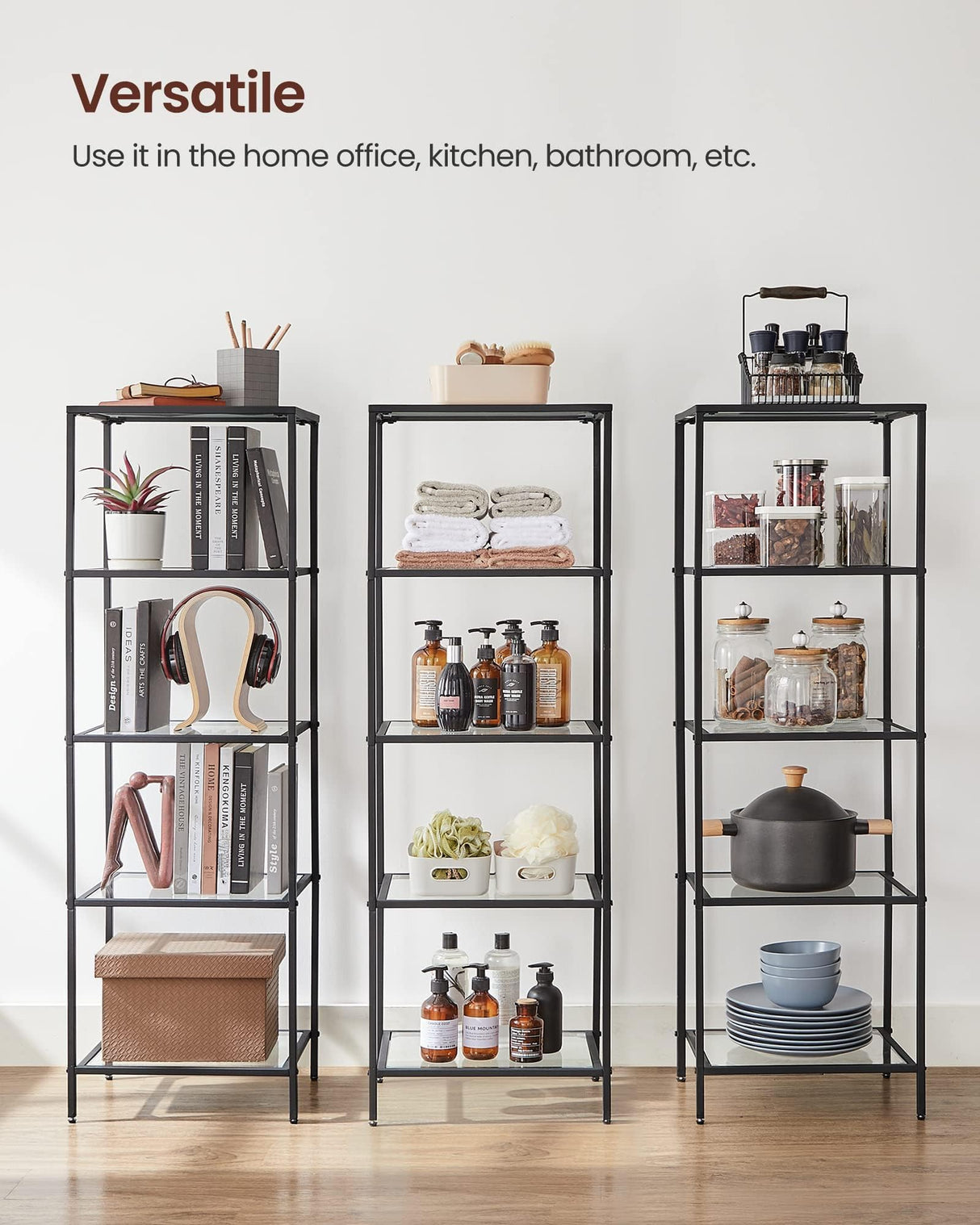 VASAGLE Bookcase, 5-Tier Bookshelf, Slim Shelving Unit for Bedroom, Bathroom, Home Office, Tempered Glass, Steel Frame, Ink Black ULGT029B61 VASAGLE