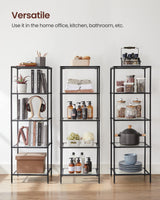 VASAGLE Bookcase, 5-Tier Bookshelf, Slim Shelving Unit for Bedroom, Bathroom, Home Office, Tempered Glass, Steel Frame, Ink Black ULGT029B61 VASAGLE