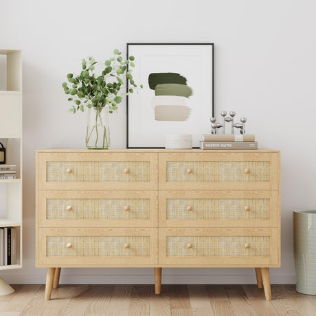 6 Drawer Rattan Dresser for Bedroom, Modern Natural Wooden Dresser, Beside Table for Closet, Boho Chests of Double Drawers for Bedroom, Living Room, Entryway, Hallway yesasin