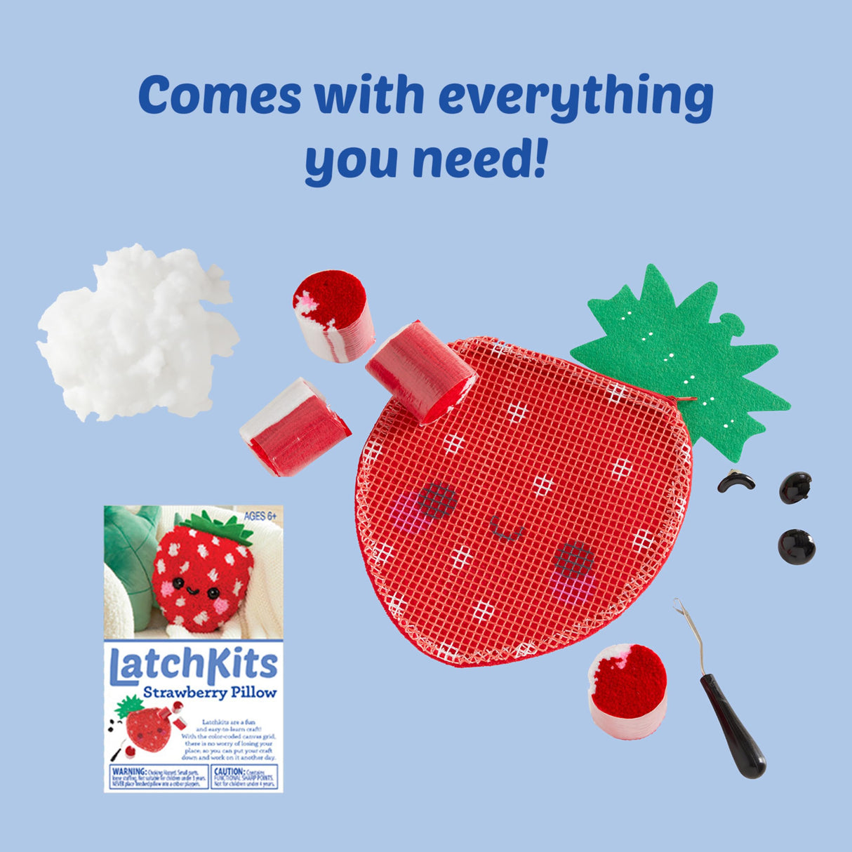 Latchkits Strawberry Pillow - Latch Hook Kits for Kids, Arts and Crafts, Yarn Art, Kids Crafts, Toys for Girls, Birthday Gift for Girls, Easy to Follow Pattern, Hook Included, Craft Kits, Ages 6+ LatchKits