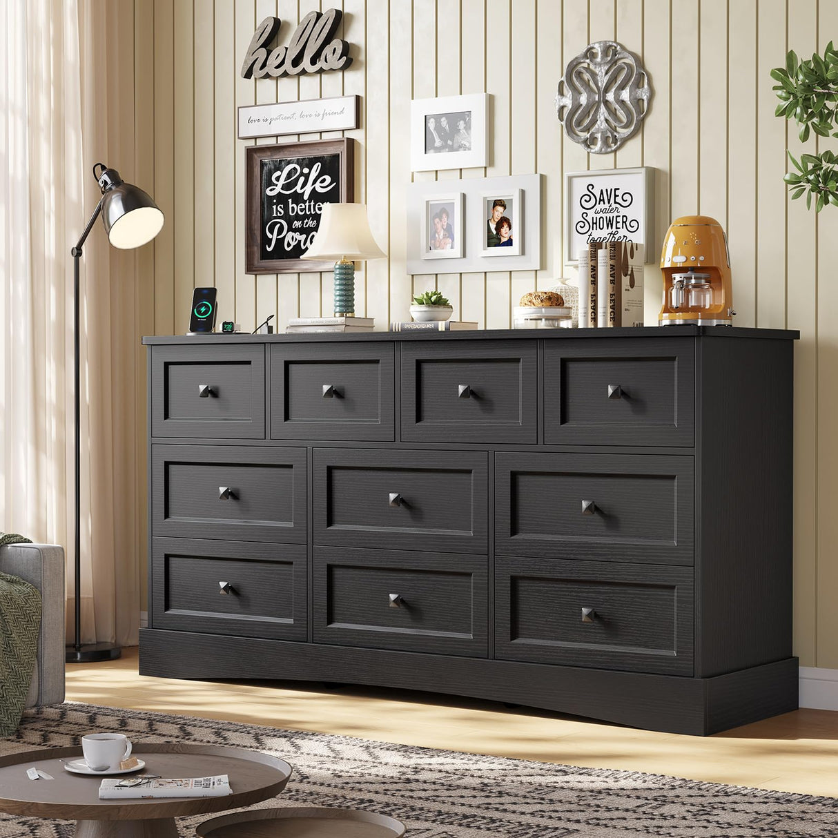 Hasuit Black Bedroom Dresser with 10 Drawers, 55.2" Long Drawer Dresser with Charging Station, Farmhouse Dresser Chest of Drawers, Large Wooden Storage Tower Organizer Dresser for Bedroom Living Room Hasuit