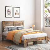 GJQN Full Size Bed Frame with Headboard, Rustic Wood Platform Bed Frame with 12 Wooden Slats Support, No Box Spring Needed, Noise Free (Dark Brown, Full) GJQN