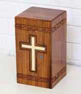 Handcrafted Wooden Urns for Ashes | Cross Engraved Rosewood Urn for Human Ashes | Funeral Pet Urns for Dogs Ashes Large 200 Cubic Inches with Bottom WoodArtSupply