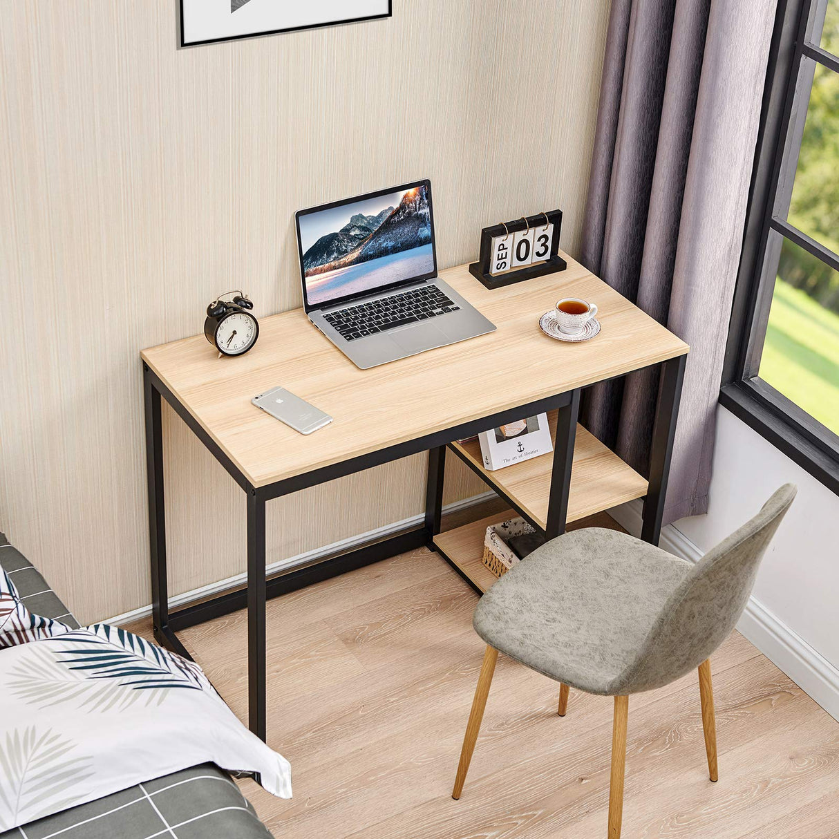 SINPAID Computer Desk 40 inches with 2-Tier Shelves Sturdy Home Office Desk with Large Storage Space Modern Gaming Desk Study Writing Laptop Table, OAK SINPAID