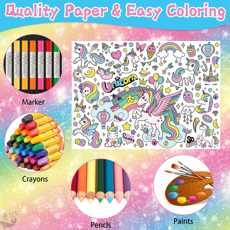 Leezead Giant Unicorn Coloring Tablecloth & Poster - Unicorn Party Table Cover with Coloring Paper for School, Classroom, Family Activity & Birthday Party Supplies Leezead