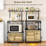 Kitchen Bakers Rack with Power Outlet - Easy & Tool-Free Assembly, Adjustable Coffee Bar Station 4 Tiers, Microwave Stand with 12 Hooks, Brown SNTD