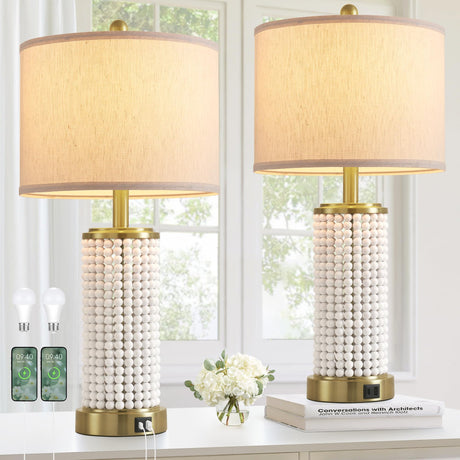 Reaketon 24.5" Farmhouse Table Lamp 3-Way Dimmable Touch Control Table Lamp Set of 2 with for Bedroom Wood Beaded Table Lamp for Living Room Rustic Nightstand Bedside Lamps(2 Bulbs Included) Reaketon