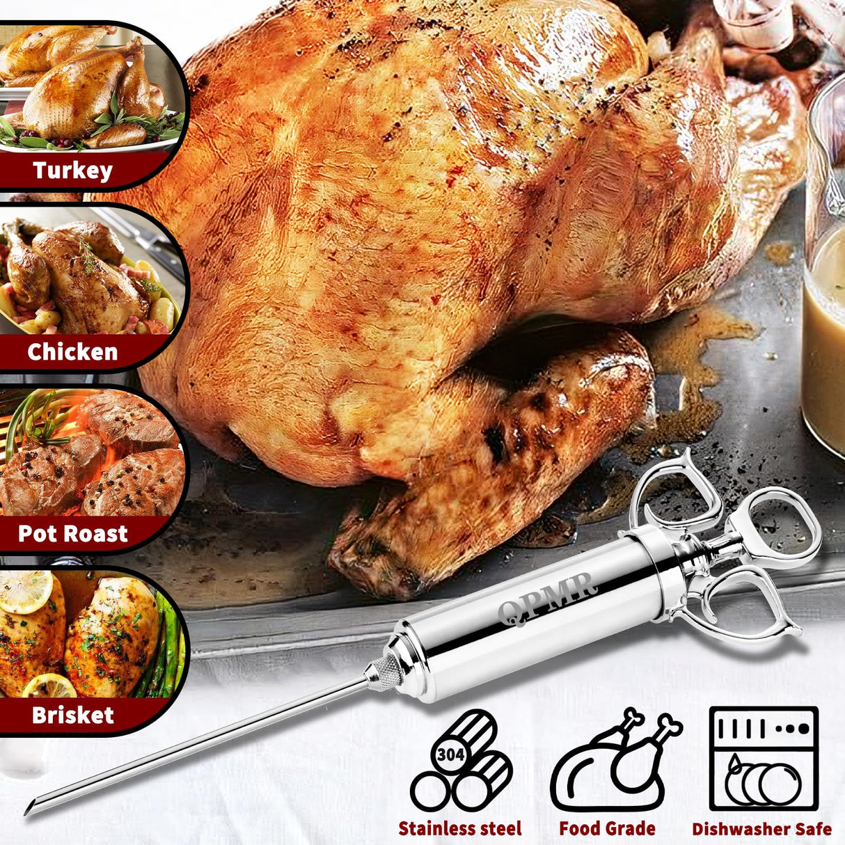 QPMR Meat Injector Syringe Kit, 2-oz Large Capacity Marinade Turkey Injector with 3pcs Stainless Steel Marinade Injector Needles for BBQ Grill Smoker & Turkey & Brisket QPMR