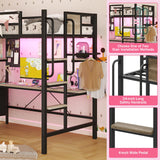 BYSAUD Loft Bed Twin Size with L Shaped Desk and Storage, Metal Bunk Loft Bed Frames with Desk Underneath and LED Lights and Charging Station 5 Drawer 2 Pegboards Clothes Rack, Noise Free, Gray BYSAUD