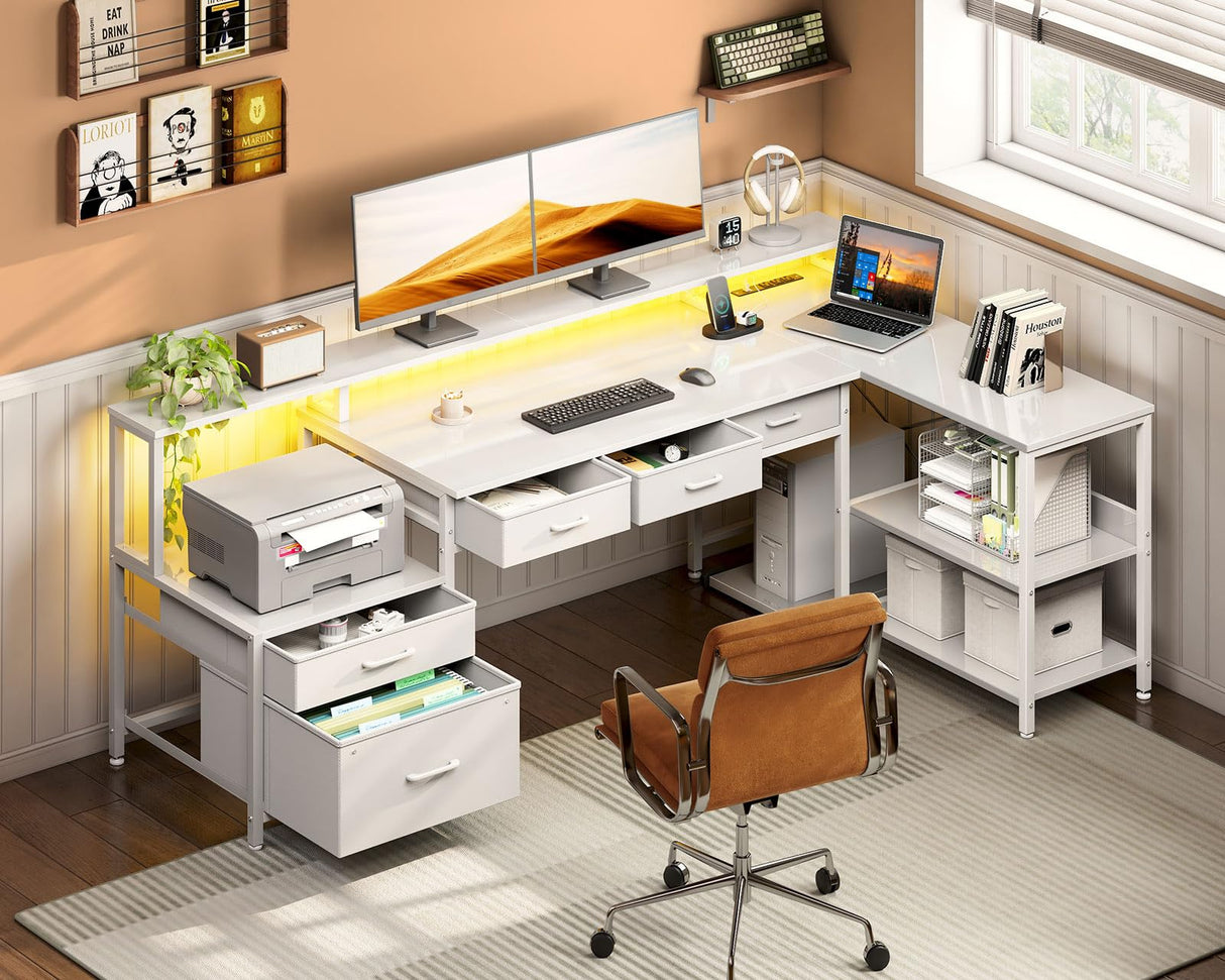 AODK L Shaped Desk with 5 File Drawers, 66" Reversible L Shaped Computer Desk with Power Outlet & LED Strip, Office Desk with Storage Shelves, Gaming Desk with Monitor Shelf, Corner Desk, White AODK
