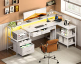 AODK L Shaped Desk with 5 File Drawers, 66" Reversible L Shaped Computer Desk with Power Outlet & LED Strip, Office Desk with Storage Shelves, Gaming Desk with Monitor Shelf, Corner Desk, White AODK