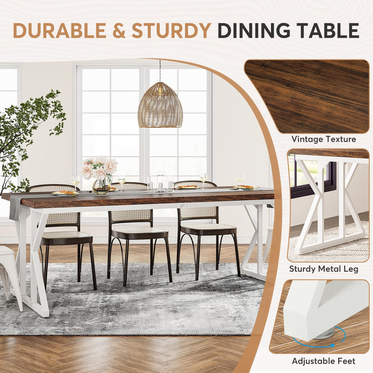 Tribesigns Farmhouse Dining Table for 6-8 People, 78.7-Inch Rectangular Wood Dining Table, Rustic Kitchen Table with Heavy Duty Metal Legs for Dining Room Tribesigns