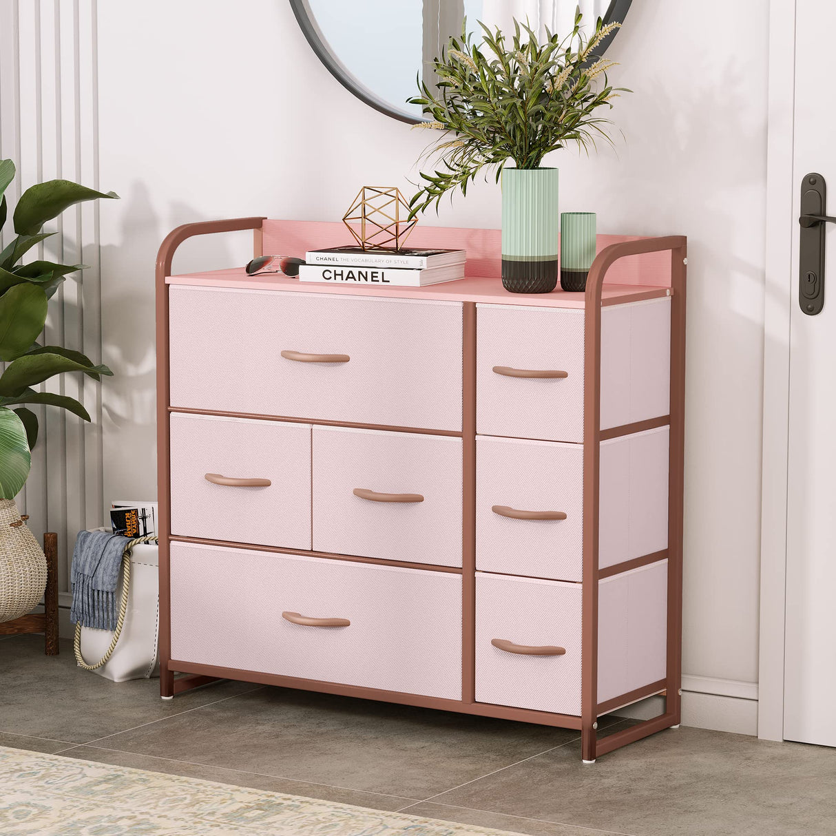 YITAHOME Dresser with 7 Drawers - Fabric Storage Tower, Organizer Unit for Bedroom, Living Room, Hallway, Closets - Sturdy Steel Frame, Wooden Top & Easy Pull Fabric Bins, Pink YITAHOME