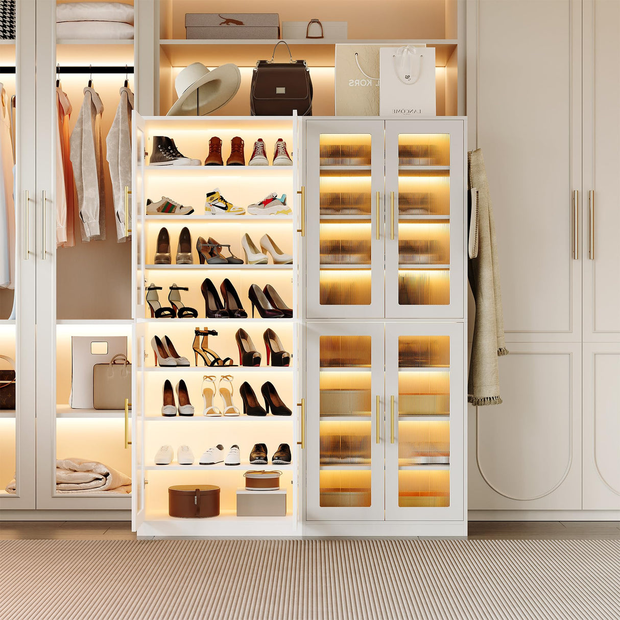 LITTLE TREE Stylish 8-Tier Vertical Shoe Rack with Built-in LED Lighting, Doors for Dust Protection, and Convenient External Hooks, Shoe Cabinet for Entryway, Living Room, Bedroom, White LITTLE TREE