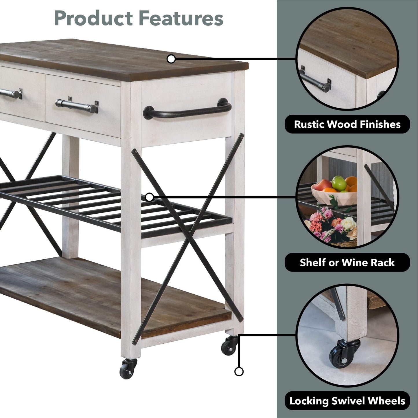 FirsTime & Co. Off-White and Brown Aurora Kitchen Cart, Coffee Bar and Microwave Stand, Island on Wheels with Storage, Wood and Metal, Farmhouse, 31.5 inches