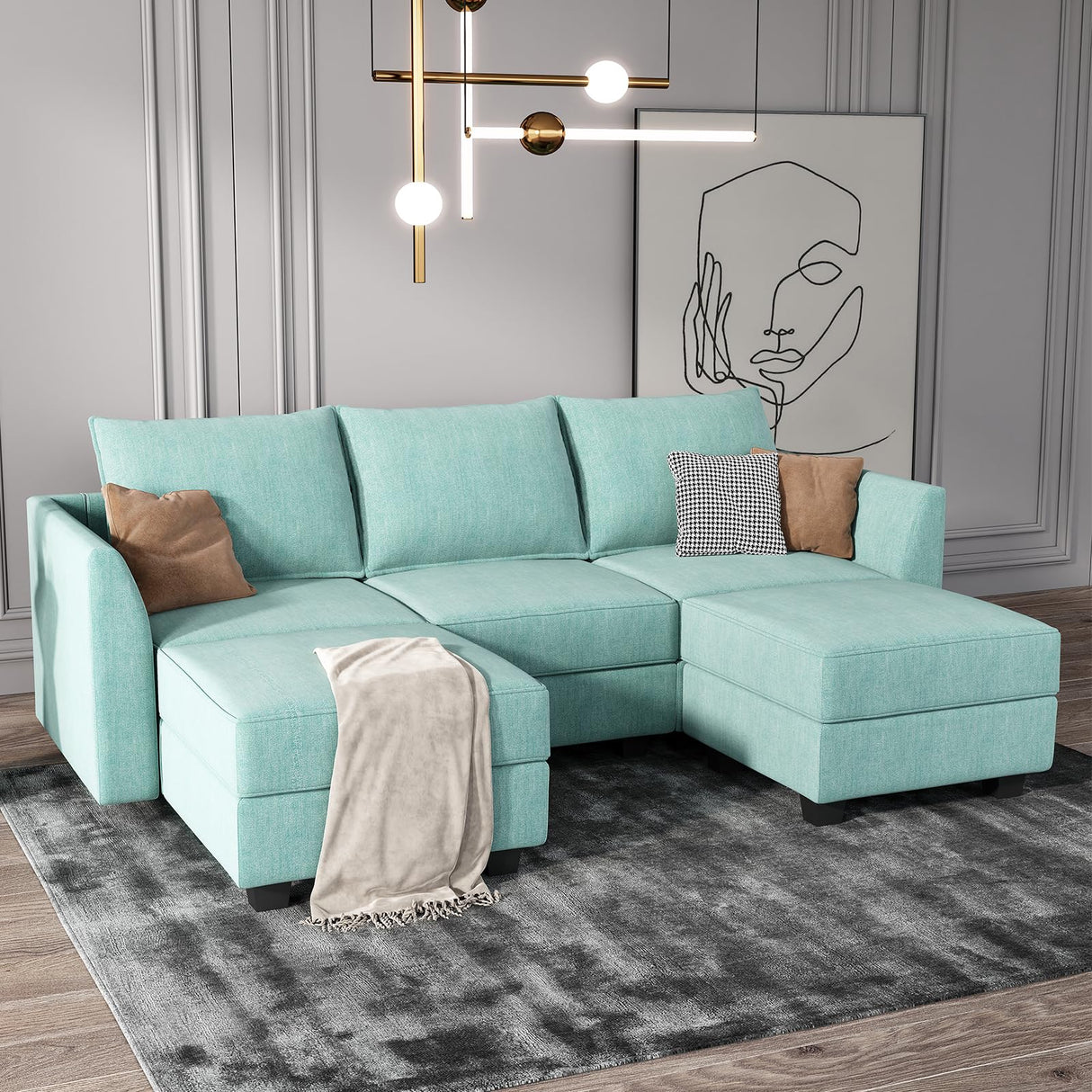 HONBAY Reversible Sectional Sofa with Ottomans & Chaises Modular Sofa U Shaped Couch with Storage Seats, Aqua Blue HONBAY