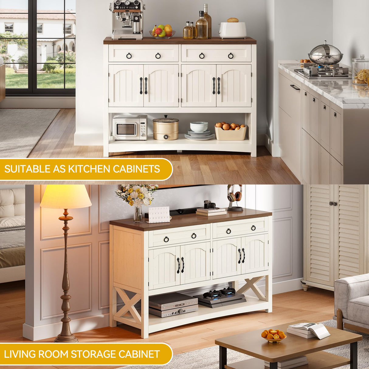 DWVO 47.2" Buffet Sideboard Cabinet with Storage, Farmhouse Coffee Bar Cabinet w/2 Drawers, Wood 4-Doors Console Table with Adjustable Shelves for Kitchen, Dining Room, Living Room, Entryway (White) DWVO