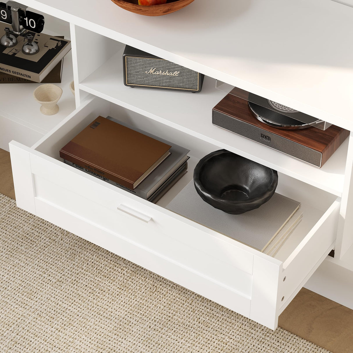 ROMSHINE 70.9" W Wall Unit TV Stand with Storage Shelf, Modern TV Console with 4-Tiers Shelf Bookcase, Entertainment Center with Drawers and Rack for Living Room, White ROMSHINE