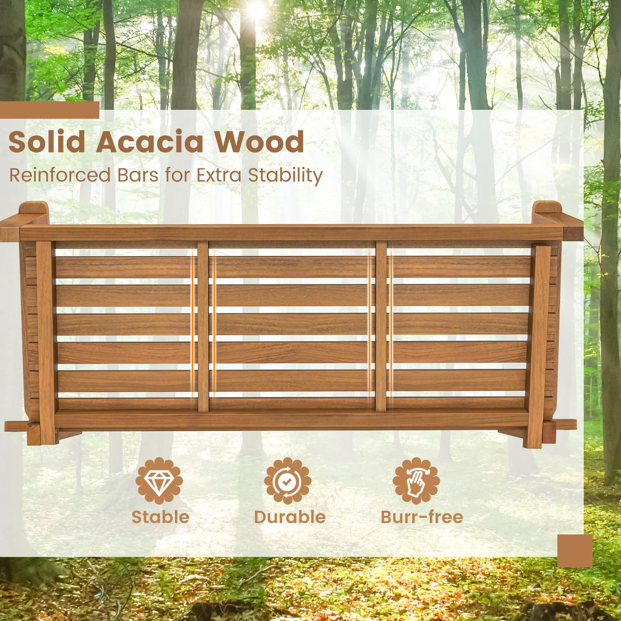 HAPPYGRILL 2-Person Acacia Wood Outdoor Porch Swing, Patio Swing Chair Patio Hanging Bench Chair with 800lb Weight Capacity and 8.2 ft Hanging Ropes HAPPYGRILL