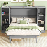 Queen Murphy Bed with Storage Bookcase Shelves,Drawers and Charging Station,Wood White Folding Murphy Chest Bed Cabinet for Adults，Grey MERITLINE