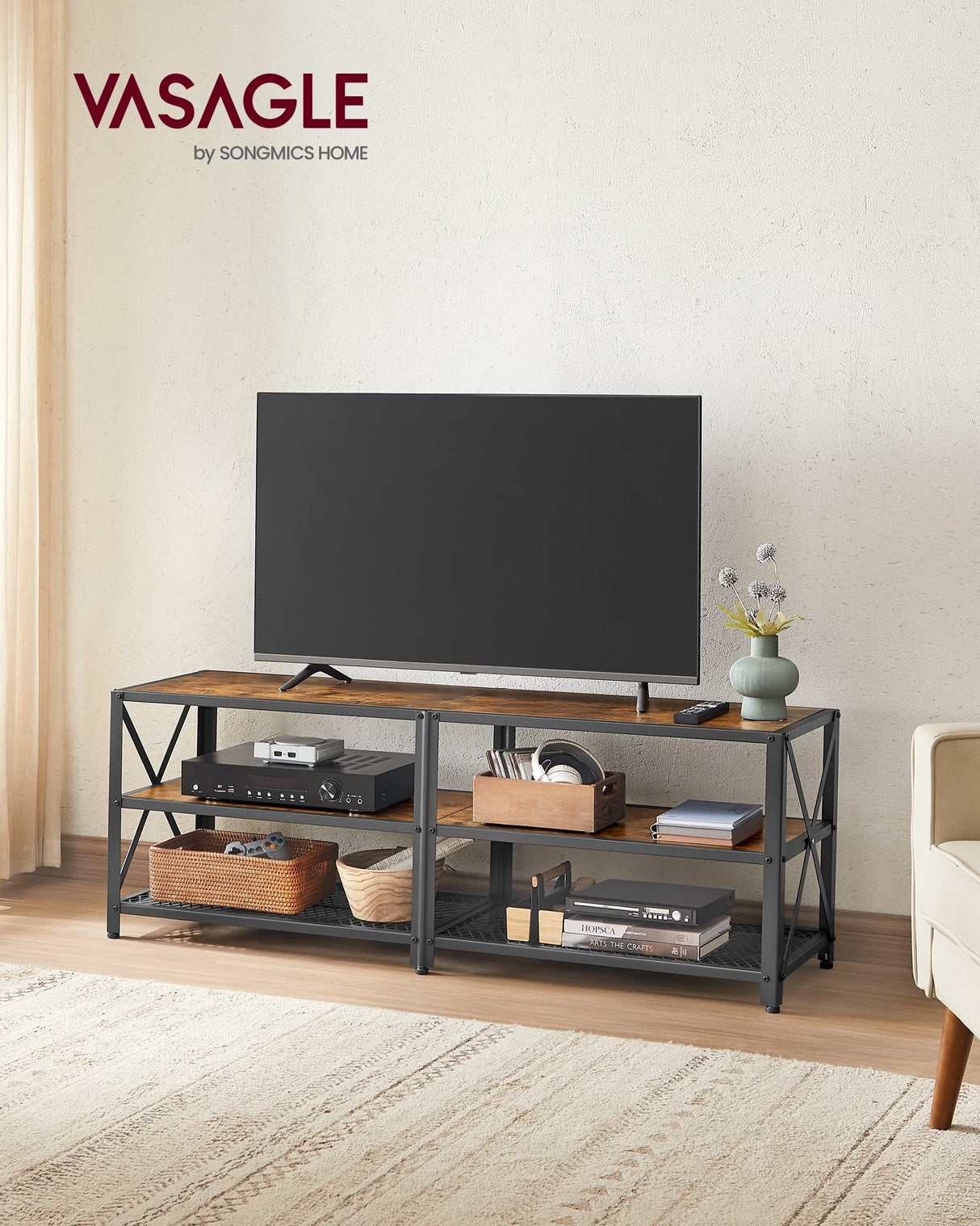 VASAGLE TV Stand, TV Console for TVs Up to 65 Inches, TV Table, 55.1 Inches Width, TV Cabinet with Storage Shelves, Steel Frame, for Living Room, Bedroom, Rustic Brown and Black ULTV094B01 VASAGLE
