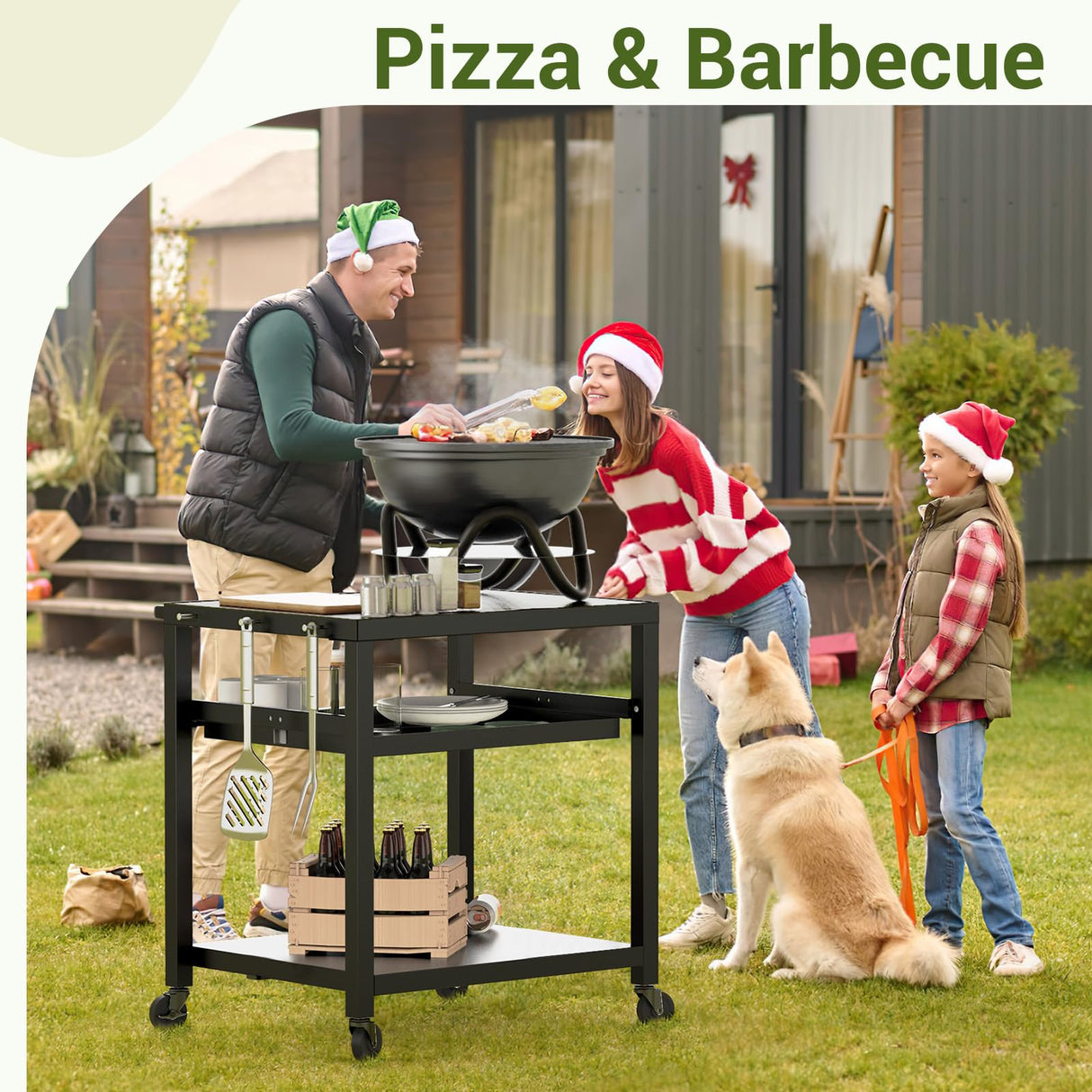 NUUK Outdoor Grill Prep Table 24"x30" Metal Grill Cart Outside 3-Layer Pizza Oven Table Movable with Universal Wheels for BBQ Backyard Patio NUUK