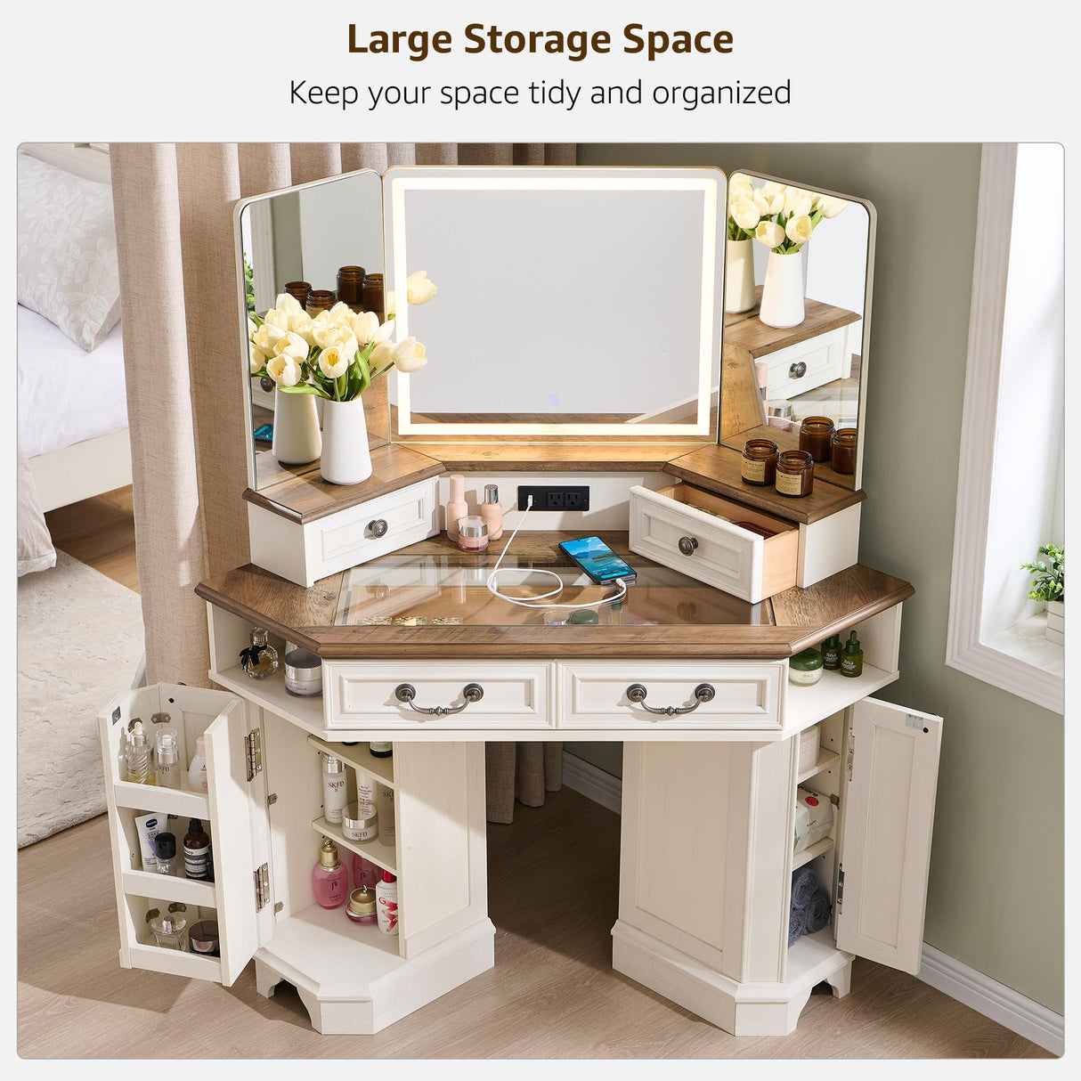 T4TREAM Makeup Vanity Desk 48" with 3 Way Mirror and Lights, Large Farmhouse Corner Vanity Dressing Table with Glass Top & Charging Station, 3 Drawers & 2 Storage Cabinets for Bedroom, Antique White T4TREAM