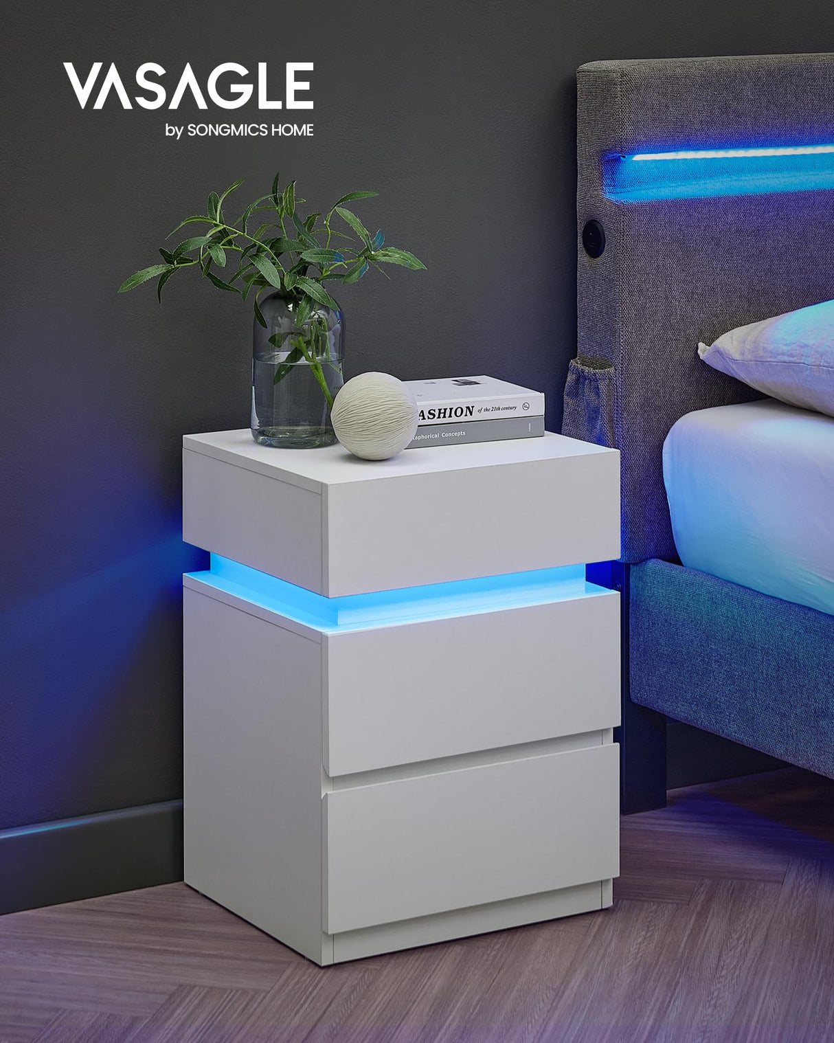 VASAGLE Nightstands with LED Lights, Set of 2, Adjustable Light Colors, Bedside Tables, Side Tables with 3 Drawers, Modern Style, 13.8 x 15.7 x 21.7 Inches, Cloud White ULET799T12 VASAGLE