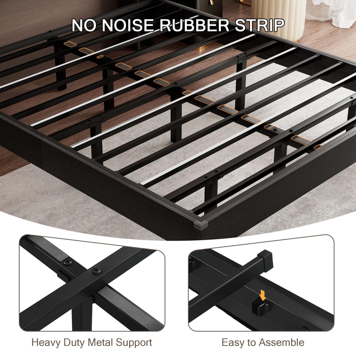 King Size Bed Frame with LED Lights & Charging Station – Wood Floating Bed Frame with Storage Headboard, Adhesive Slats, Kick-Free & Noise-Free Design, Easy Assembly, Black Einhomn