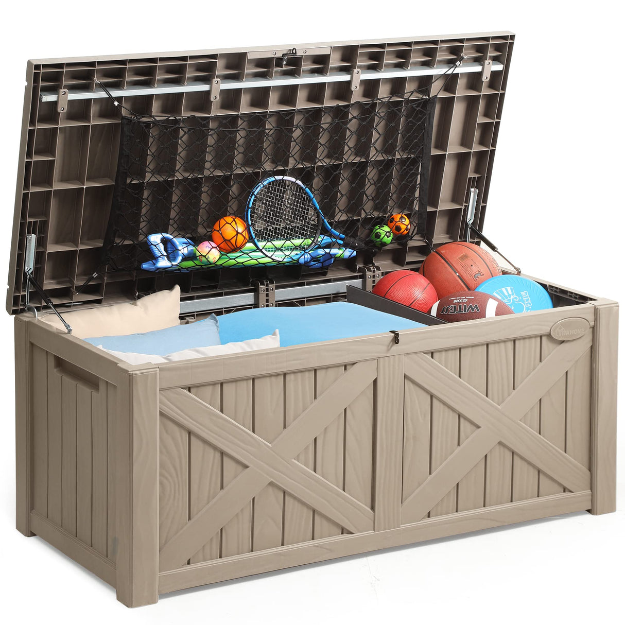 YITAHOME 120 Gallon Large Deck Box w/Flexible Divider & Storage Net, Resin Outdoor Storage Boxes, Waterproof Cushion Storage Bench for Patio, Pool Supplies, Garden Tools - Lockable, Light Brown YITAHOME