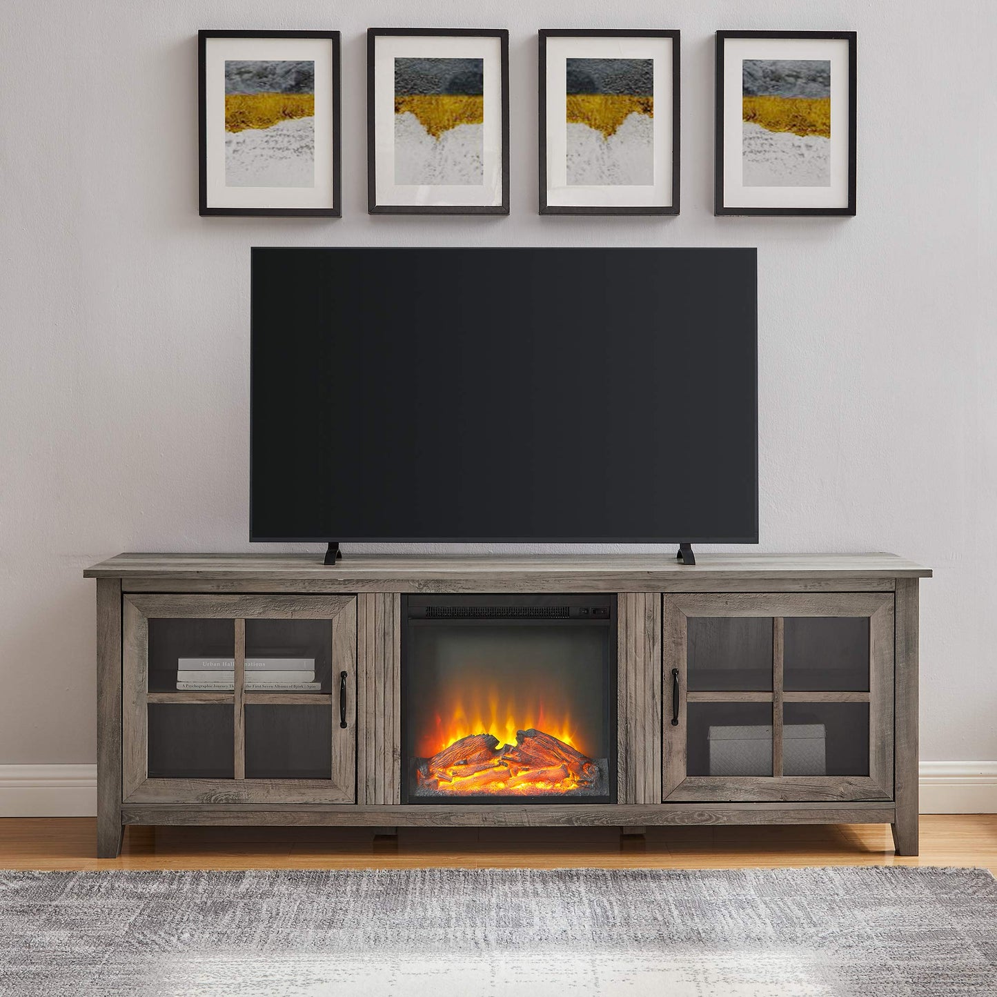 Walker Edison Bern Classic 2 Glass Door Fireplace TV Stand for TVs up to 80 Inches, 70 Inch, Grey Wash