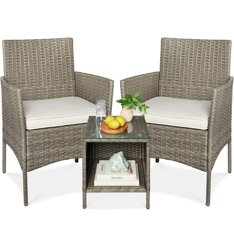 Best Choice Products 3-Piece Outdoor Wicker Conversation Bistro Set, Space Saving Patio Furniture for Garden w/Side Table - Taupe/White Sand Best Choice Products