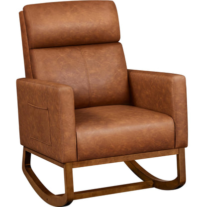 Yaheetech Leather Living Room Chair, Rocking Accent Chair, Modern Nursery Glider Chair with High Back and Side Pocket, Accent Rocker Armchair with Wood Legs for Living Room Bedroom Study, Brown